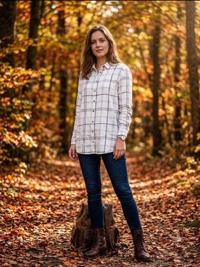JACHS Girlfriend Cream Plaid Button-Down Shirt